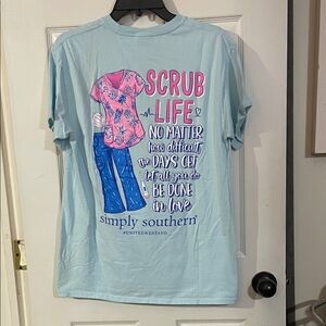 Simply Southern Light Blue Tee with Colorful "Scrub Life" Graphic. Size M